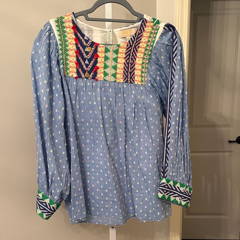Anthropologie Blue Blouse with Multicolor Embroidery